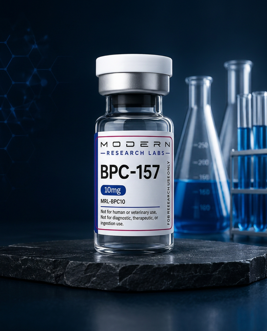 Modern Research Labs BPC-157 vial on a laboratory display